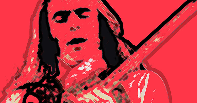 Digitale edit van Francis Rossi met gitaar. Bewerking door Frieke van Thiel
