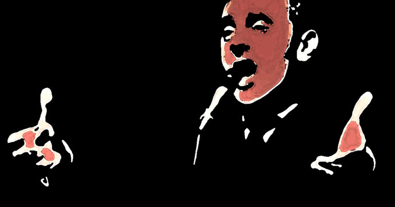 Digitaal portret van Charles Aznavour tijdens live optreden, bewerking door Frieke van Thiel
