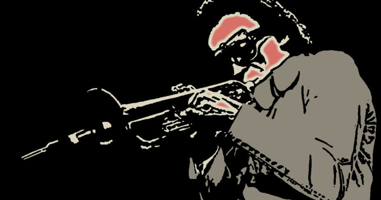 Digitaal portret van Miles Davis spelend op trompet, bewerking door Frieke van Thiel
