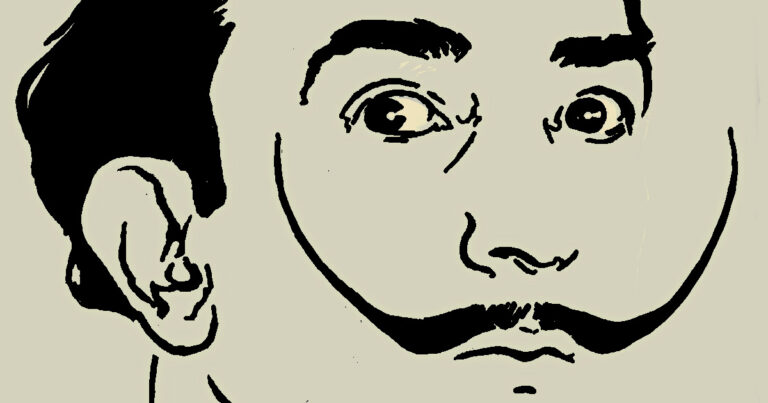 Digitaal portret van Salvador Dalí met theatrale snor, bewerking door Frieke van Thiel