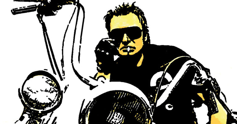 Digitale edit van Johnny Hallyday op motor, gemaakt door Frieke van Thiel