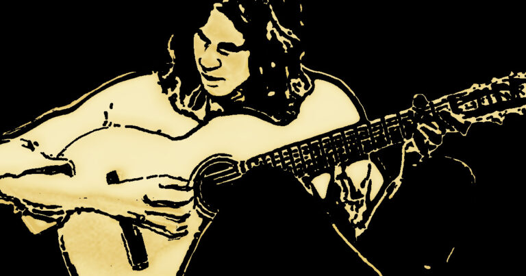 Popart portret van Nick Drake spelend op zijn gitaar. Gemaakt door Frieke van Thiel